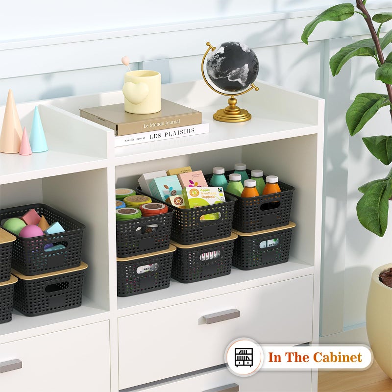 Ohmlove Plastic Storage Baskets With Bamboo Lid - Plastic Storage Containers Stackable Storage bins: Storage Baskets for Organizing Shelves Drawers Desktop Closet Playroom Classroom Office  6 Pack - Image 4